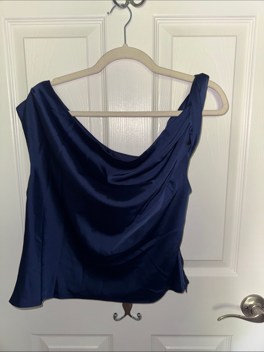 Wayf Navy Satin Cowl-Neck Top